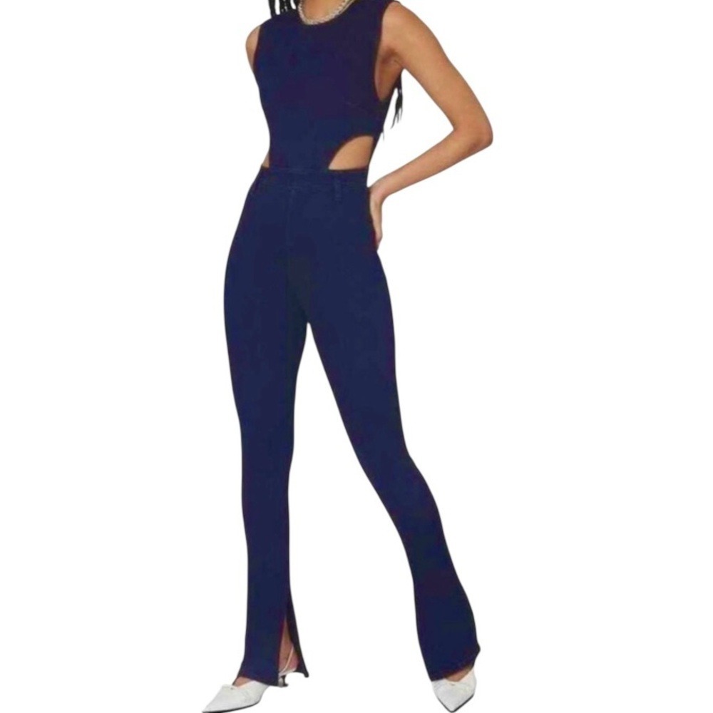 WeWoreWhat Navy Blue Stretch Denim Sleeveless Cutout Jumpsuit